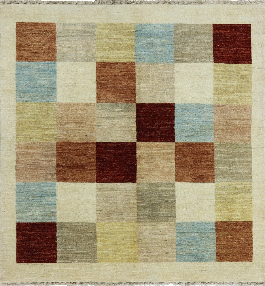 New Mutlicolor Checked 5'x5' Square Gabbeh Hand Knotted Wool Area Rug H8586