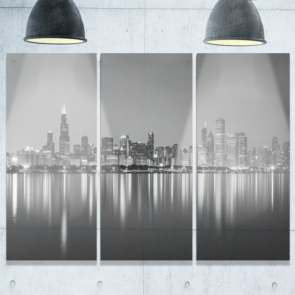"Chicago Skyline at Night Black and White" Metal Wall Art, 3 Panels, 36"x28"