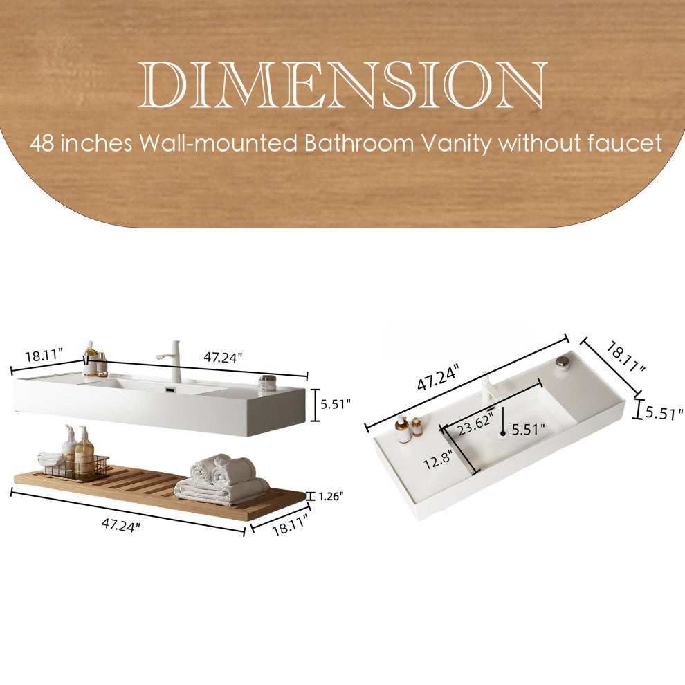 Wall-Mounted Bathroom Vanity With White Rectangular Acrylic Integrated Basin, 48"
