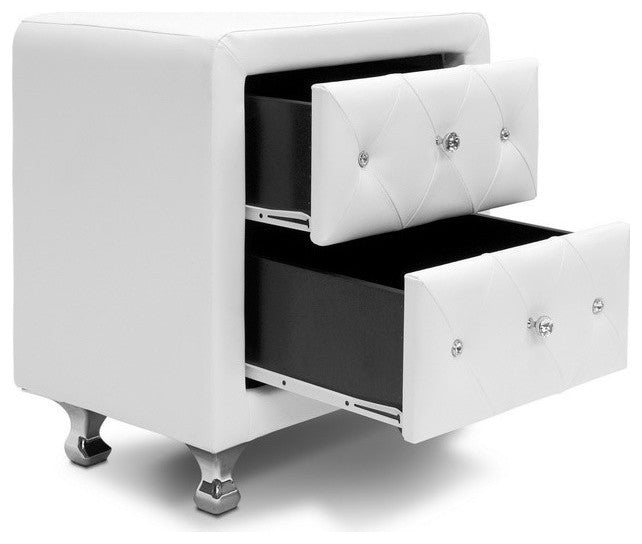 Baxton Studio Stella Crystal Tufted White Upholstered Modern Nightstand