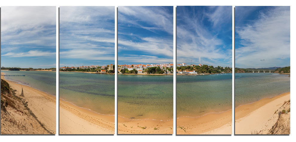 "Portuguese Maritime Village Panorama" Seashore Wall Art, 5 Panels, 60"x28"