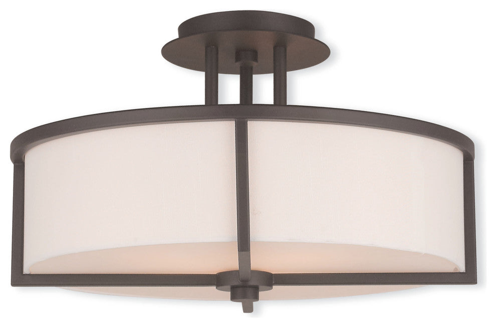 Ceiling Mount With Handcrafted Off-White Fabric Hardback Shade, Bronze