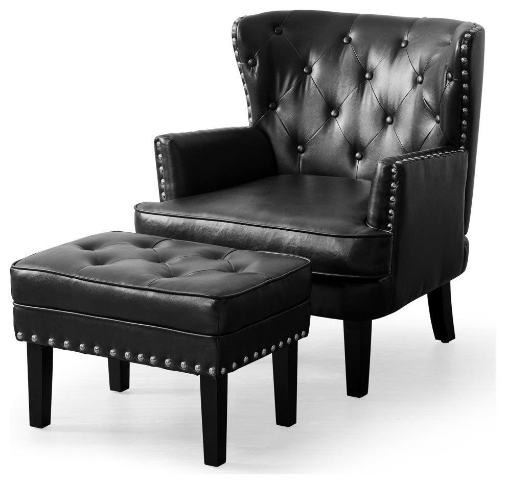 Set of 2 Accent Chair and Accent Stool, Black