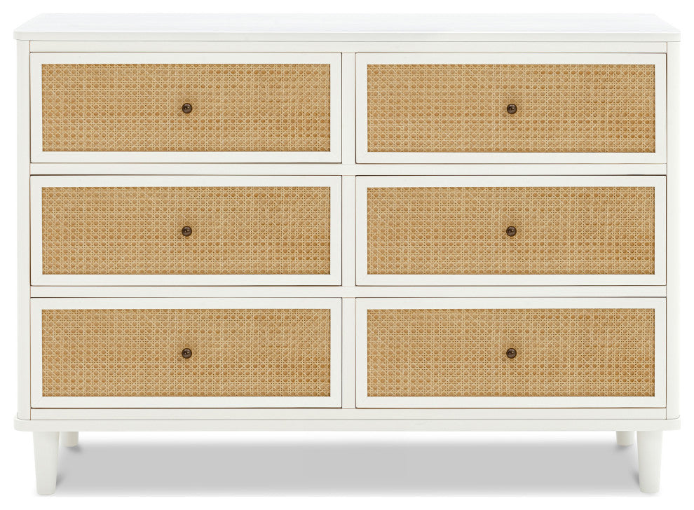 Marin With Cane 6 Drawer Assembled Dresser, Warm White/Honey Cane