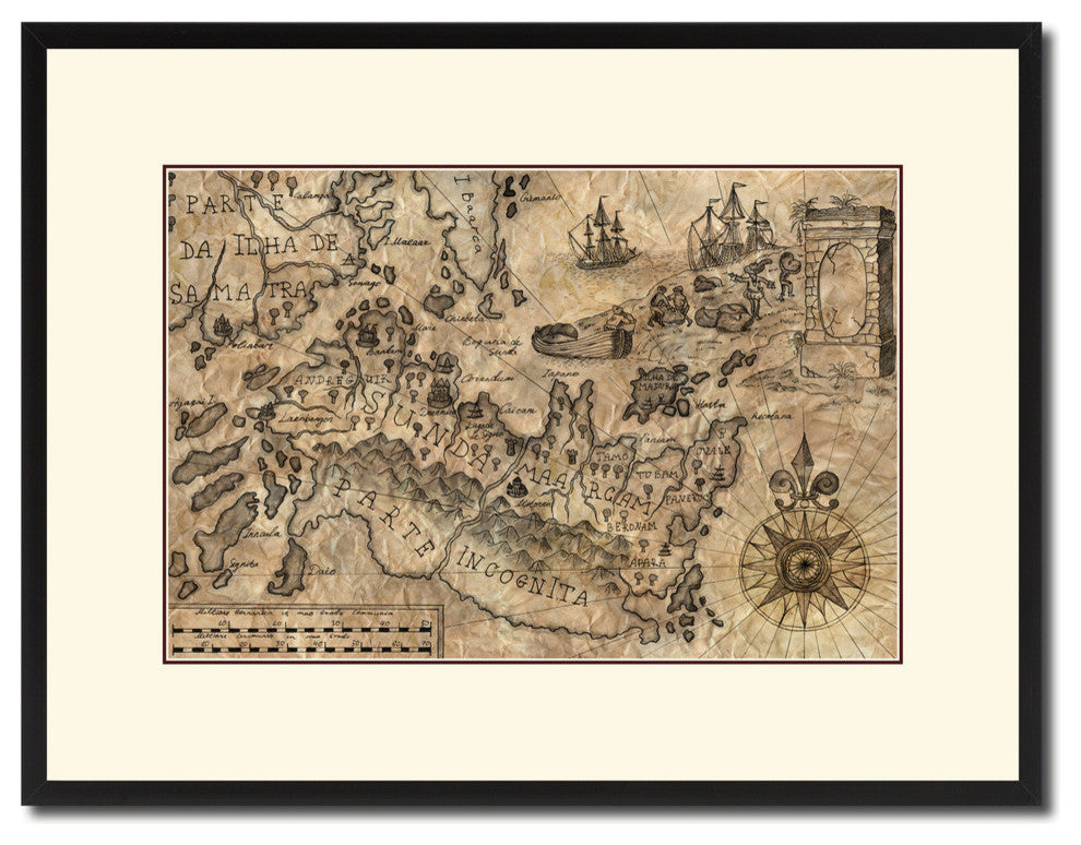 Land Vintage Map Print On Canvas With Picture Frame 16" X 21"