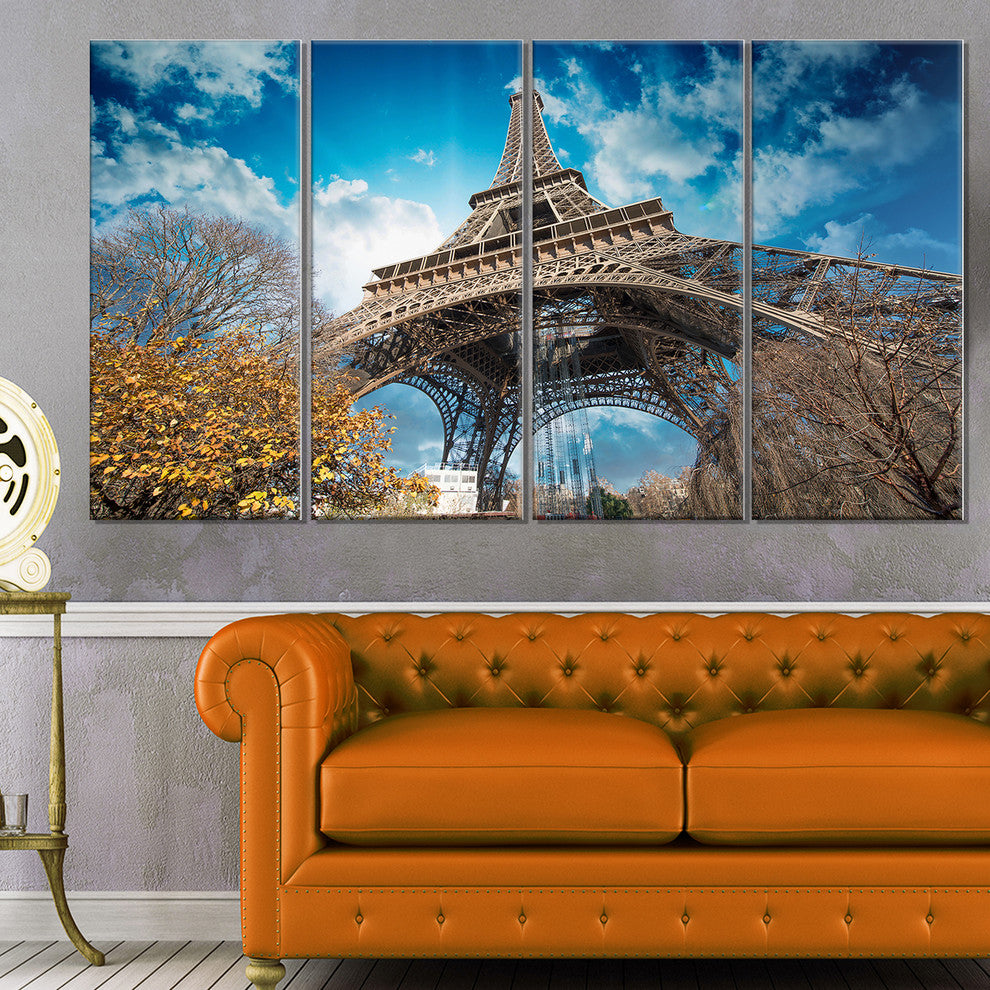 "Paris Eiffel Tower and Blue Paris Sky View" Cityscape Art, 48"x28", 4-Panels