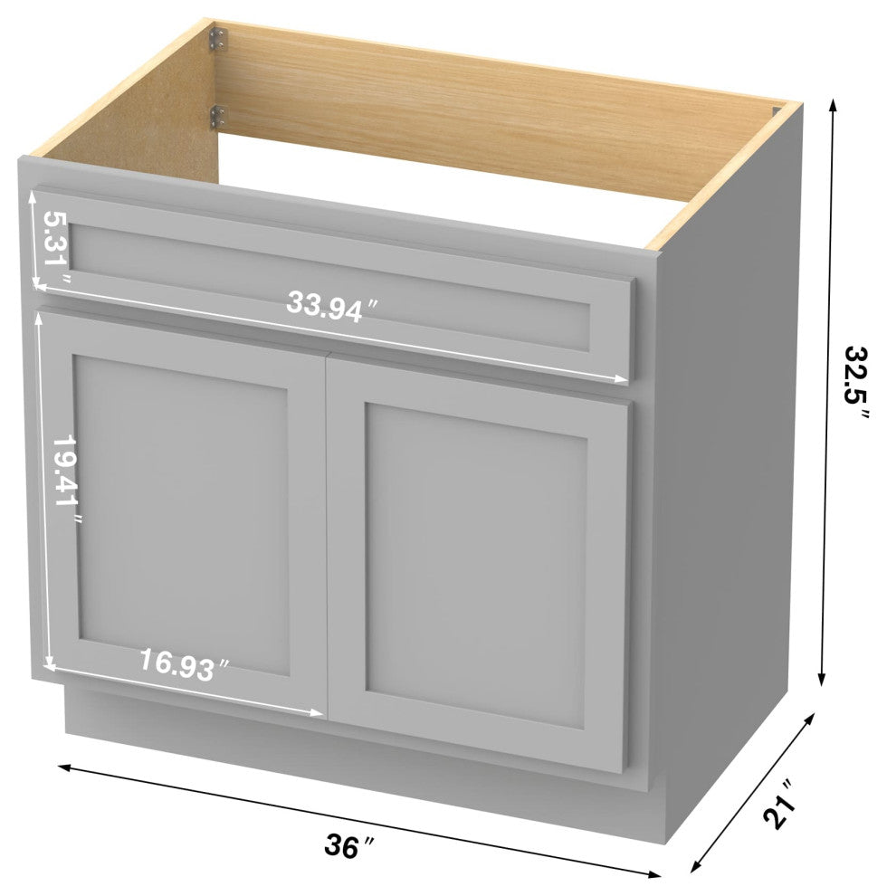 Vanity Art Vanity Base Cabinet, No Top, 36", Gray
