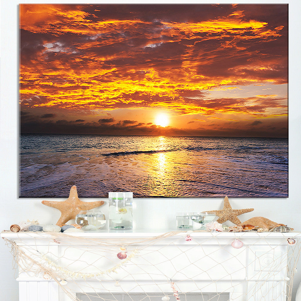 "Yellow Sunset Above Foaming Waves" Modern Beach Canvas Art Print, 32"x16"