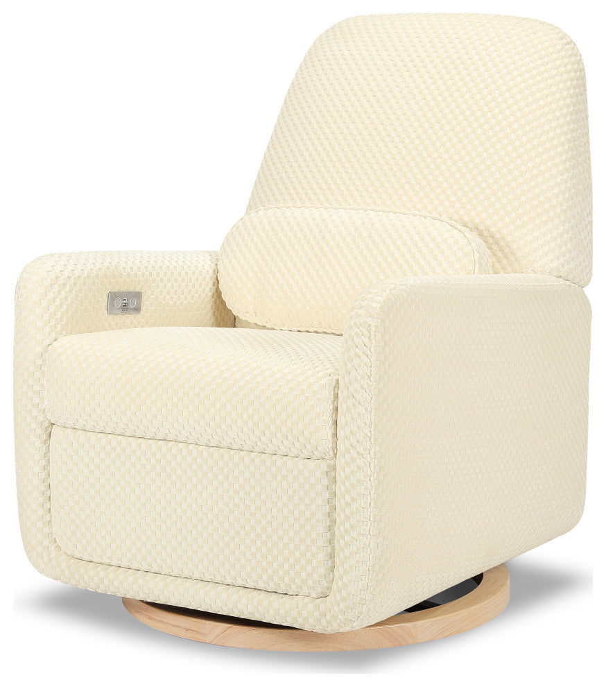 Arc Electronic Recliner/Swivel Glider, Velvet Checker, USB Port, Ivory Velvet Checker With Light Wood Base