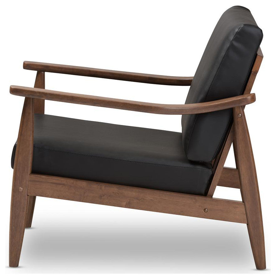 Venza Mid-Century Walnut Wood Black Faux Leather Lounge Chair