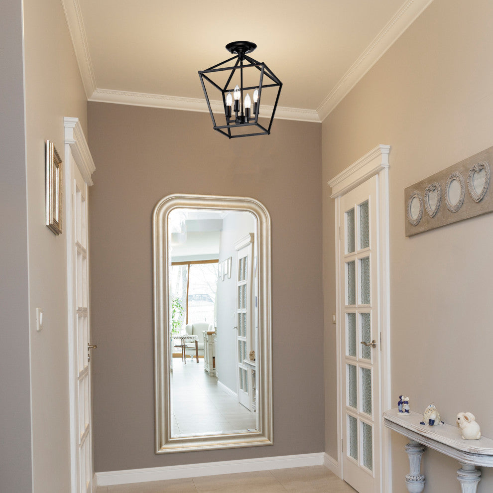 4-Light 12 in. Matte Black Cage Lantern Farmhouse Semi-flush Mount