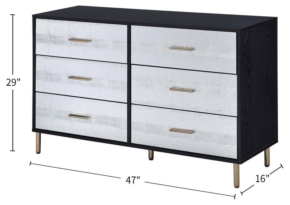 6 Drawers Wooden Dresser, Black, Silver and Gold Finish
