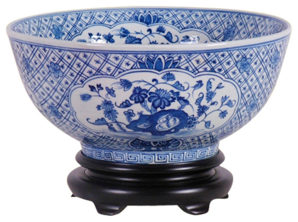 Blue and White Porcelain Floral Chinese Bowl With Stand 12"