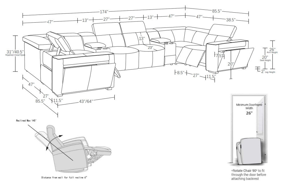 Niccolo Italian Leather 8-Piece U-Shaped 2 Power Reclining Sectional, Camel