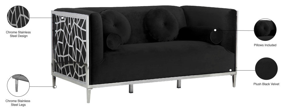 Opal Velvet Upholstered Loveseat, Black