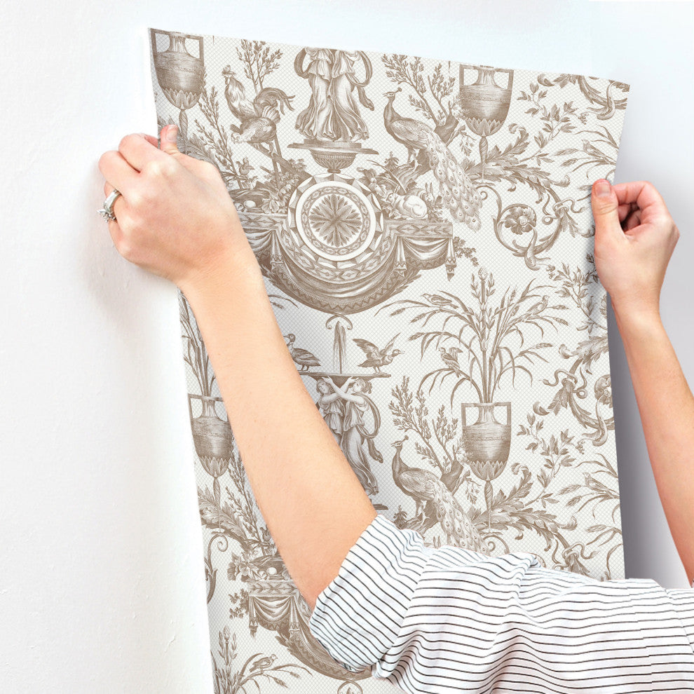 Avian Fountain Toile Mink Wallpaper