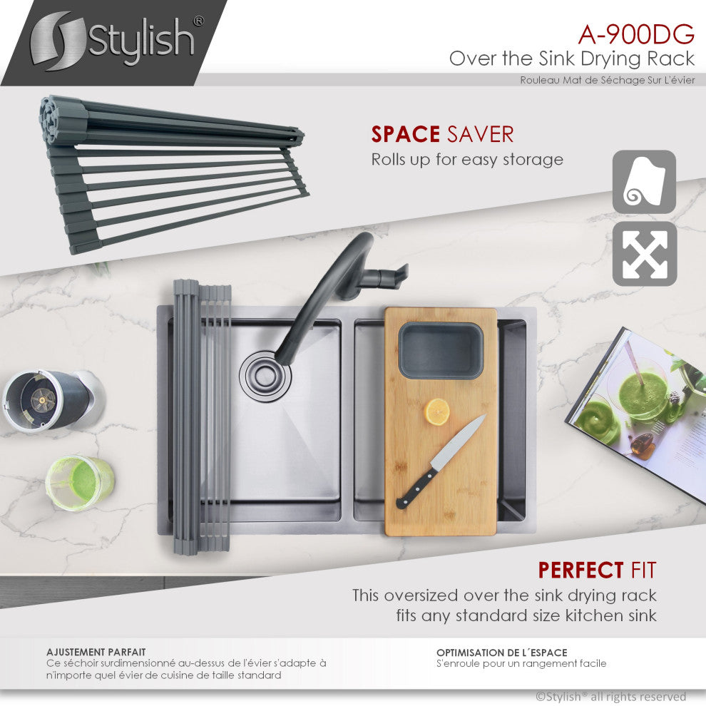 Stylish 20" Over The Sink Roll-Up Dish Drying Rack, Dark Gray