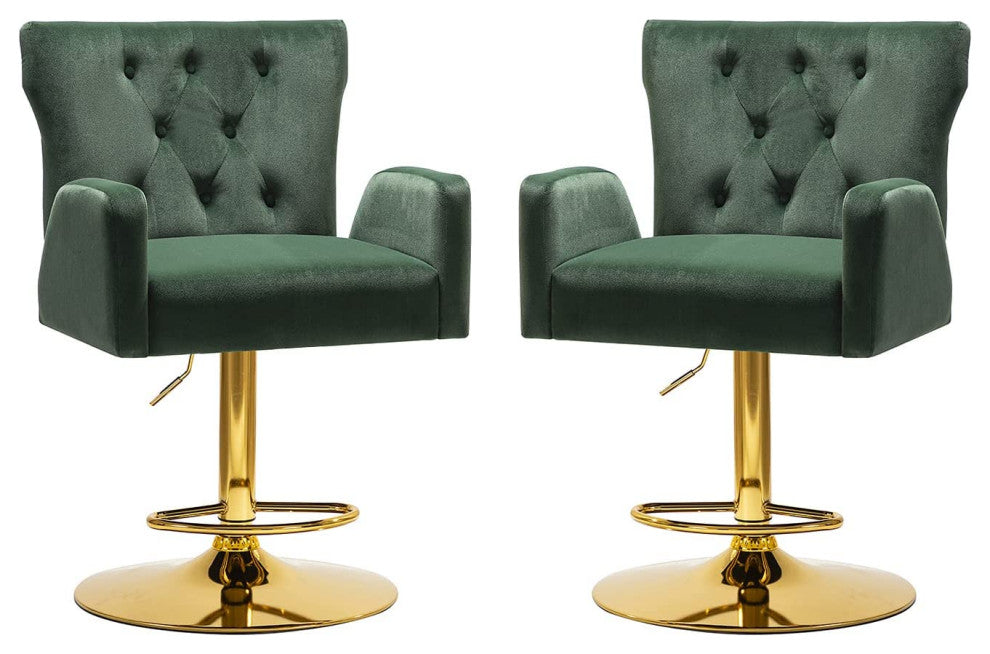 Velvet Bar Stools Chairs With Adjustable Height set of 2, Green