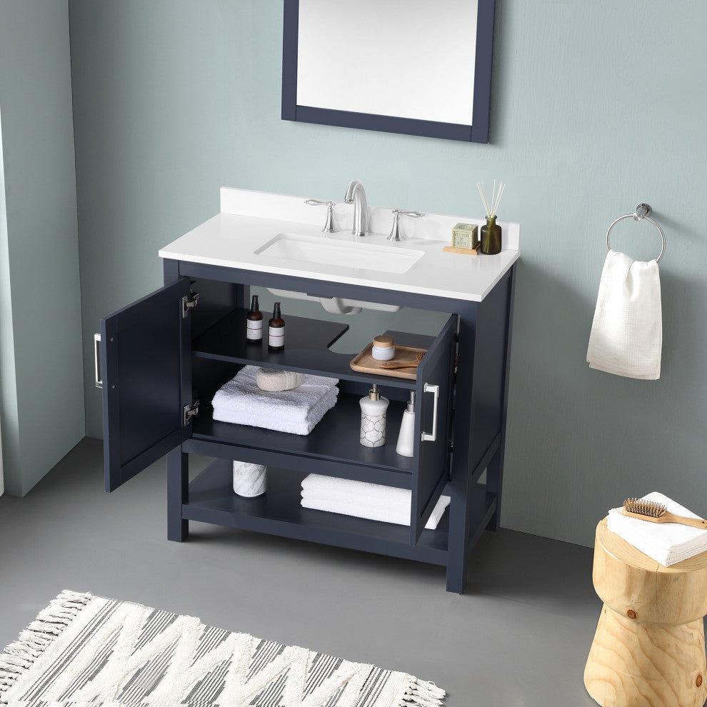 Ove Decors Vegas Single Sink Bathroom Vanity Set With Countertop, White, Midnight Blue, 36"