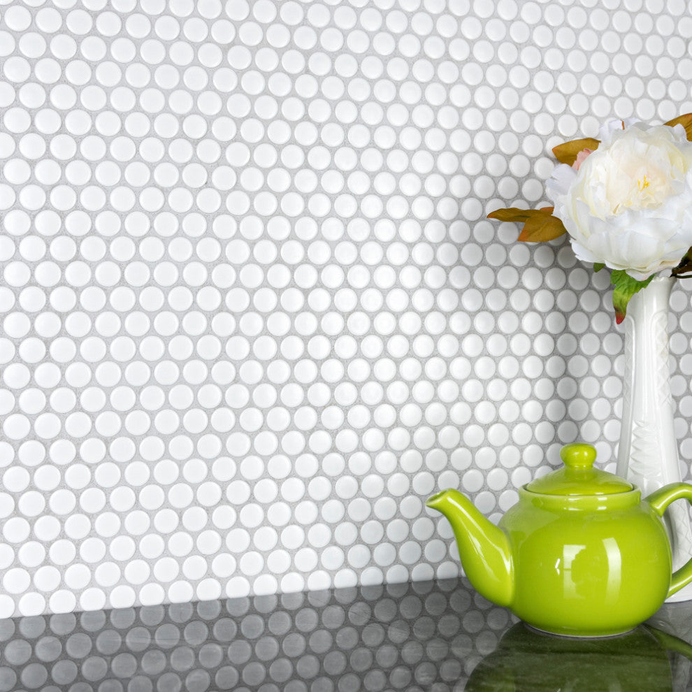 Metro Penny Round Porcelain Mosaic Floor and Wall Tile, Matte White
