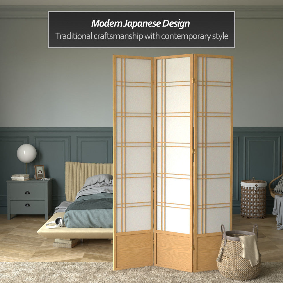 7' Tall Double Cross Shoji Screen, Natural, 3 Panels