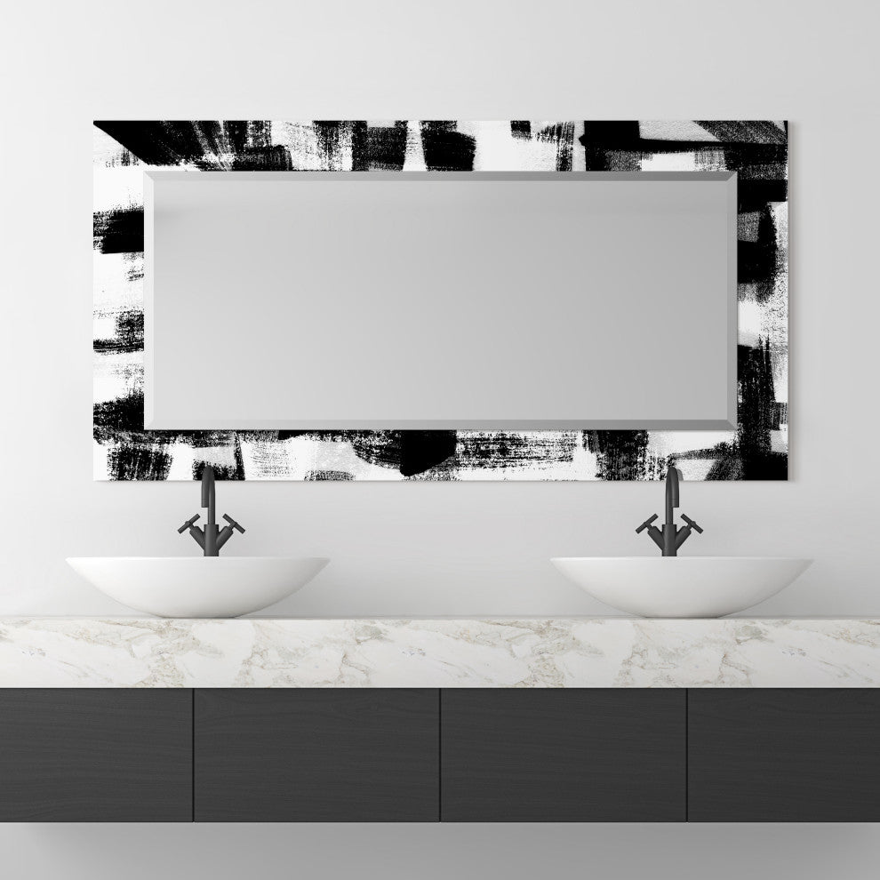 Black and WhiteBeveled Mirror on Printed Abstarct Tempered Art Glass, 54x28"