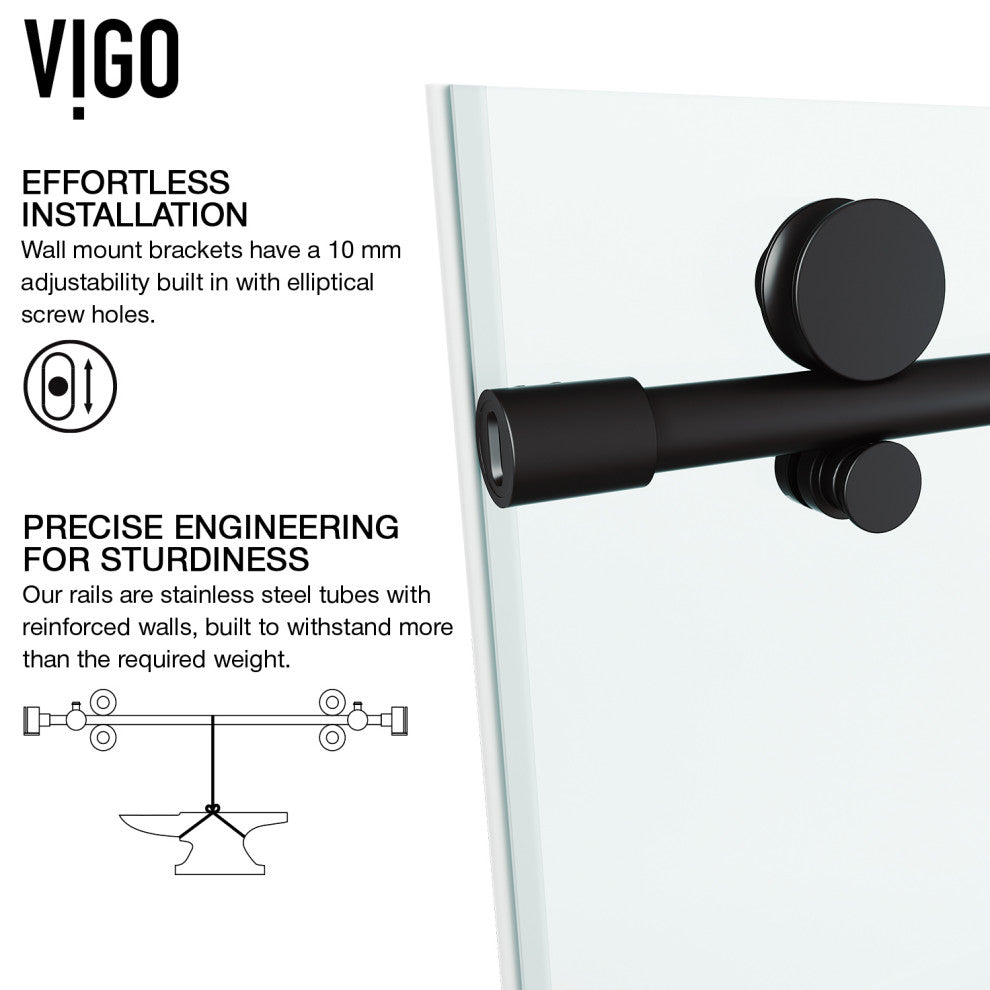VIGO Elan E-Class 56" to 60" W x 76" H Frameless Sliding Shower Door, Matte Black, Clear Glass