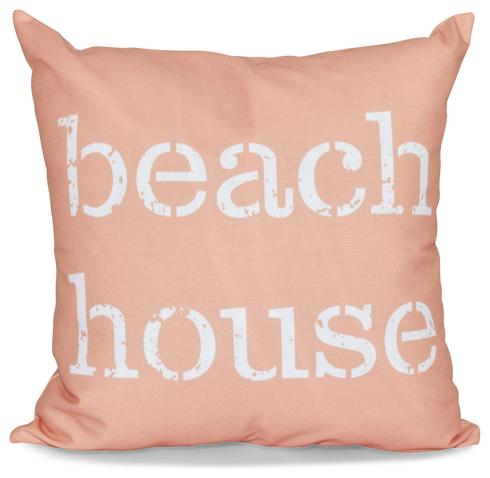 Beach House , Word Print Outdoor Pillow, Coral, 20"x20"
