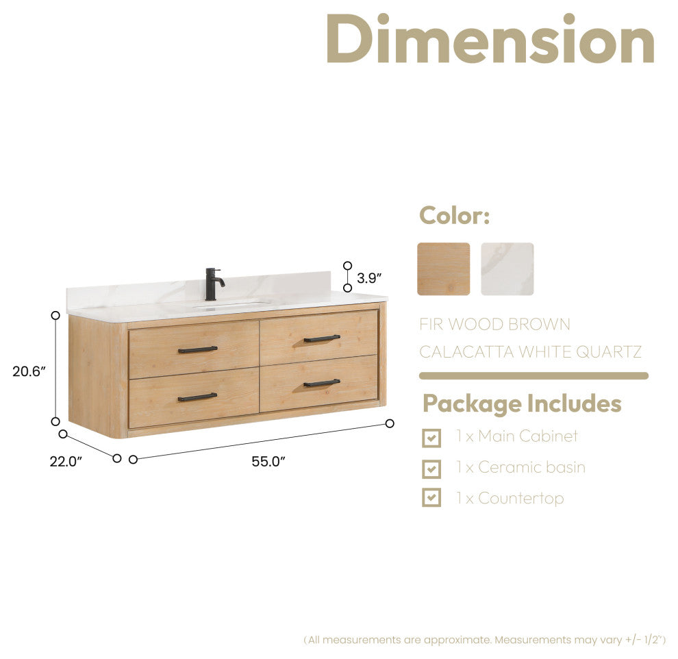 Cristo Floating Bath Vanity With Stone Top, Fir Wood Brown, 55in., No Mirror