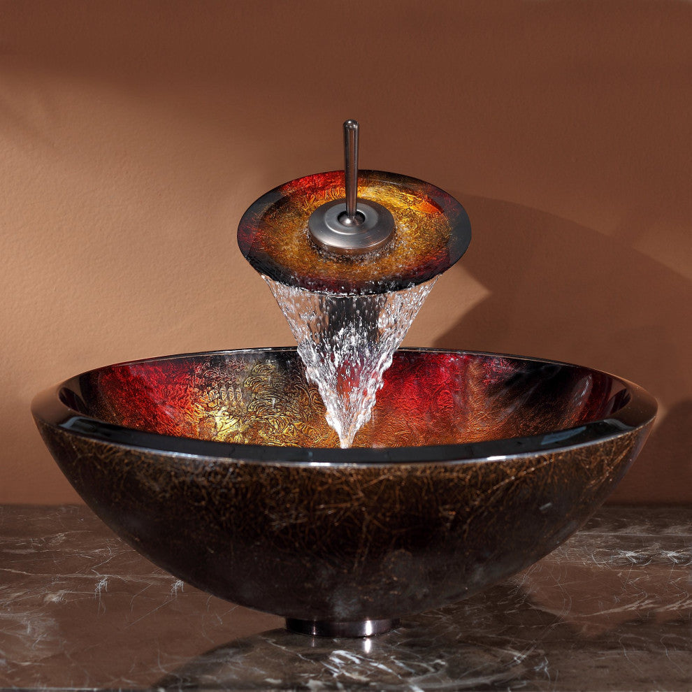 Glass Vessel Sink, Bathroom Waterfall Faucet, Drain, Mount Ring, Oil Rub Bronze