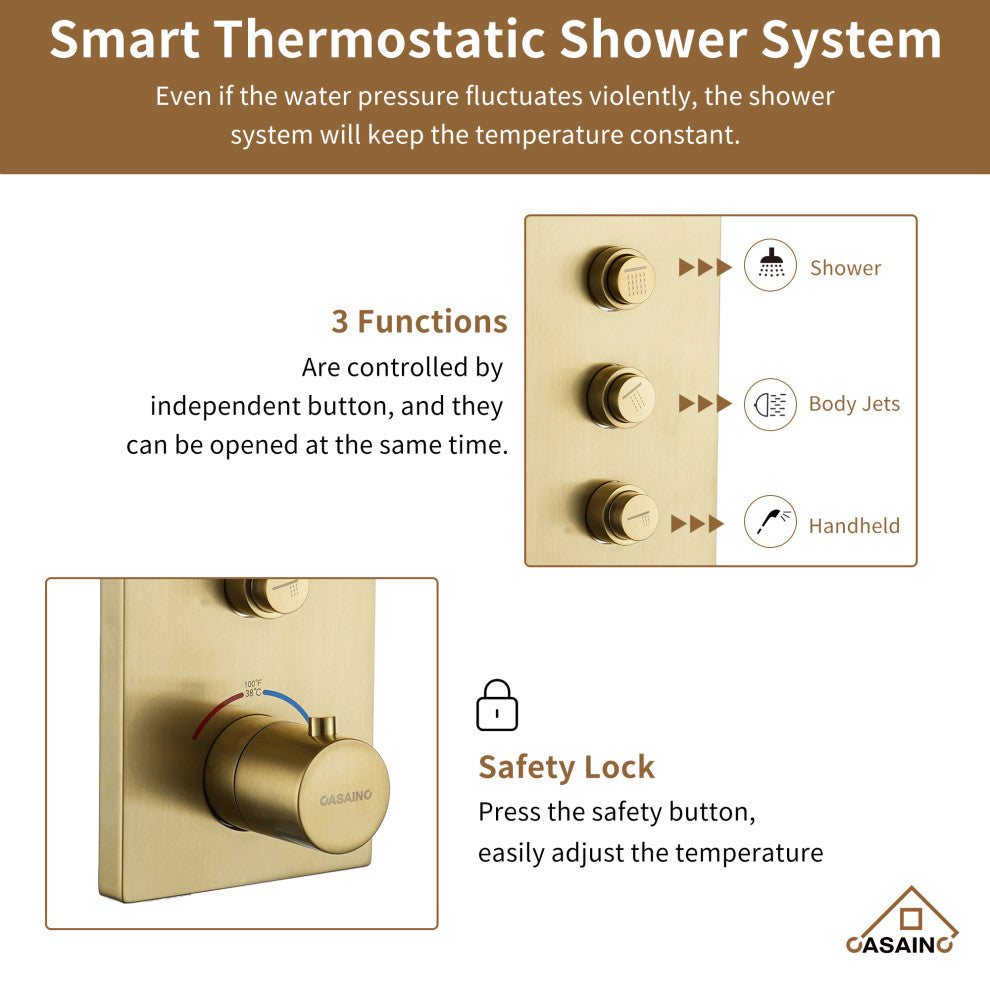 3 Functions 12 Inch Wall Mount Thermostatic Shower System, Brushed Gold