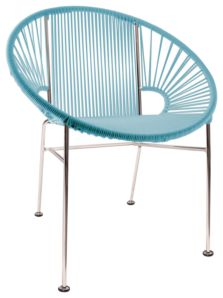 Concha Indoor/Outdoor Handmade Dining Chair, Blue Weave, Chrome Frame