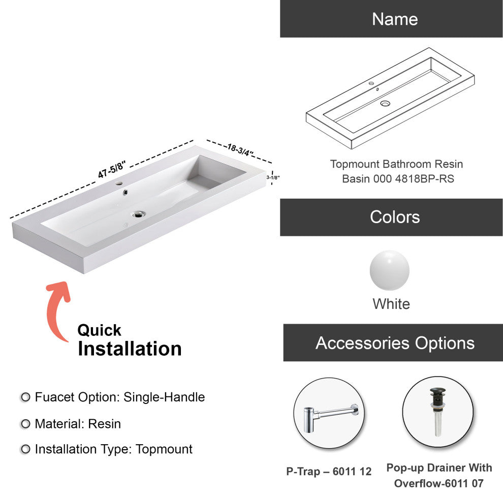 Dowell 18" FTB Resin Bathroom Vanity Basin, White, 48wx18dx6h Wide Bowl