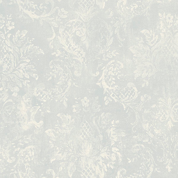 Weathered Damask Wallpaper, Blue and Cream, Bolt