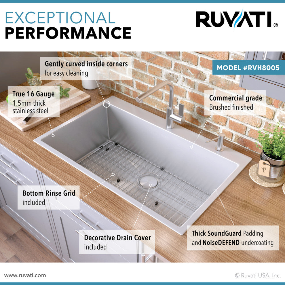 Ruvati RVH8005 33 x 22 Drop-in Tight Radius 16 Gauge Topmount Kitchen Sink