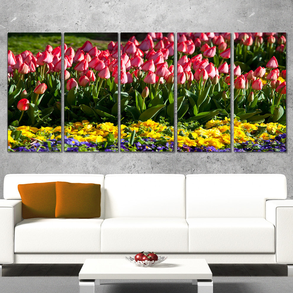 Red Tulips with Yellow Purple Flowers, Flower Canvas Print, 60"x28", 5 Panels
