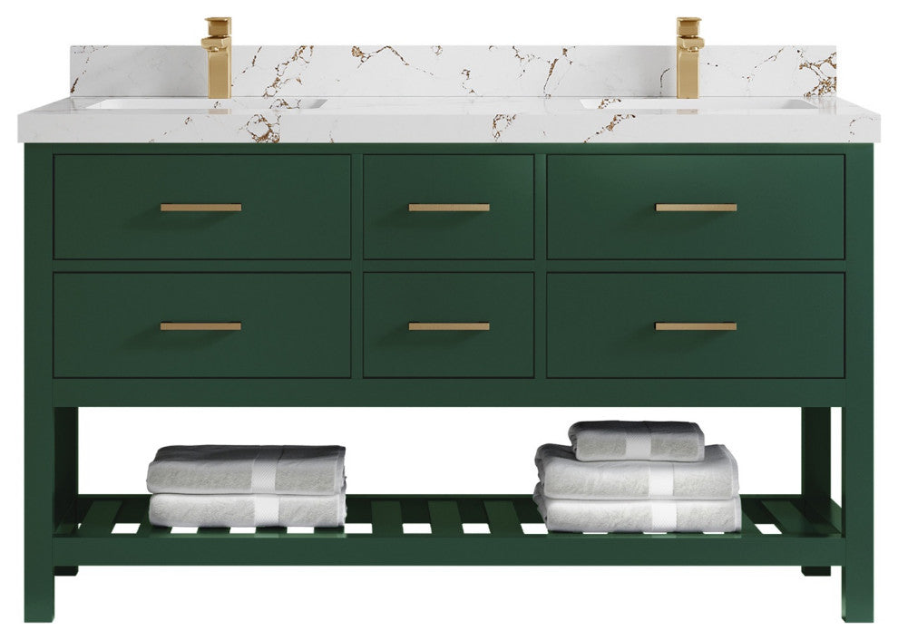 Parker 60" Double Sink Bath Vanity, Lafayette Green 2" Viola Brown