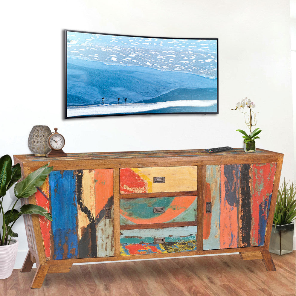 Cone Shaped Buffet Made From Recycled Teak Wood Boats, 72" x 20"