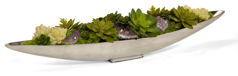Artifical succulents in Silver Boat, Purple