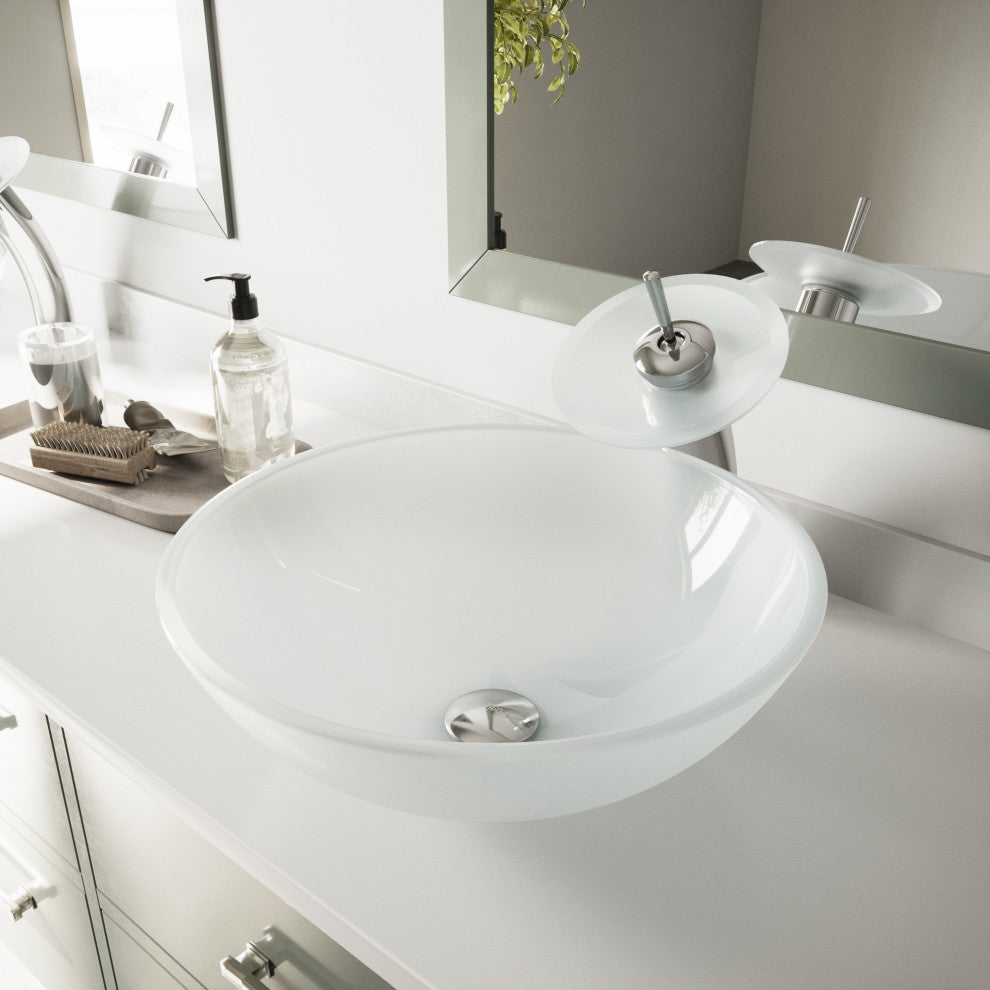 VIGO Giovanni 17"L x 17"W x 6"H Glass Round Vessel Bathroom Sink, White Frost