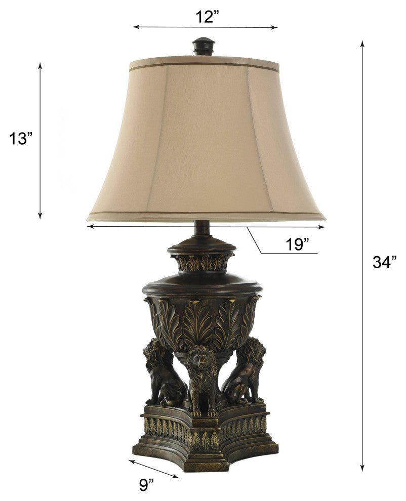 Persian Style Lions Den Table Lamp in Majestic Gold and Round Bell Shade