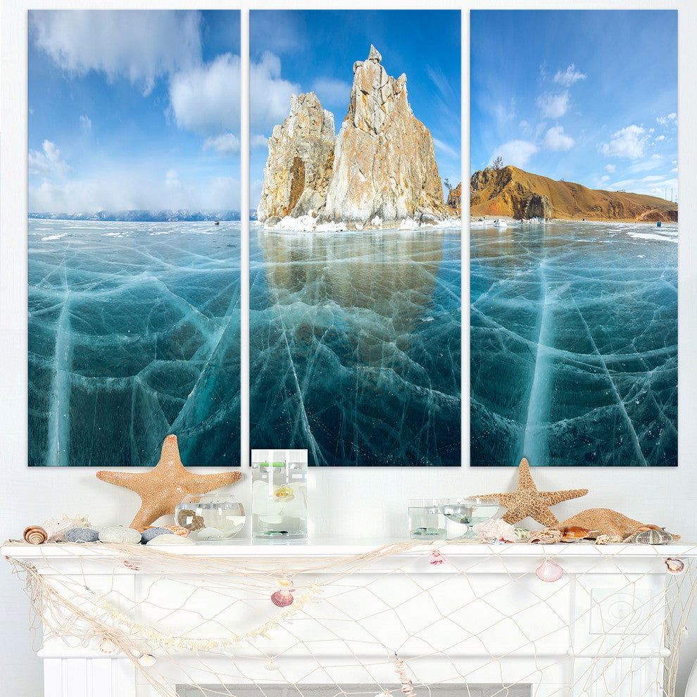 "Lake Baikal Ice and Rocks Panorama" Metal Wall Art, 3 Panels, 36"x28"