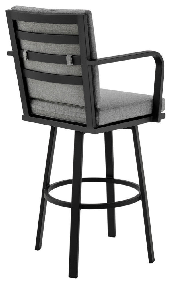 Don 30" Outdoor Patio Bar Stool, Black Aluminum With Gray Cushions, Black