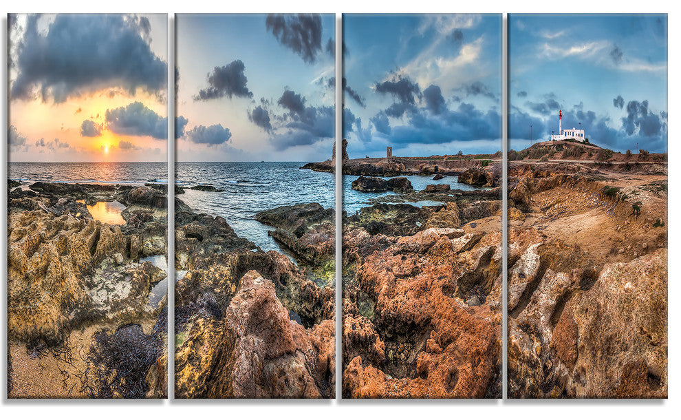 "Blue Sky Over Rough Rocky Coast" Seashore Wall Art, 4 Panels, 48"x28"