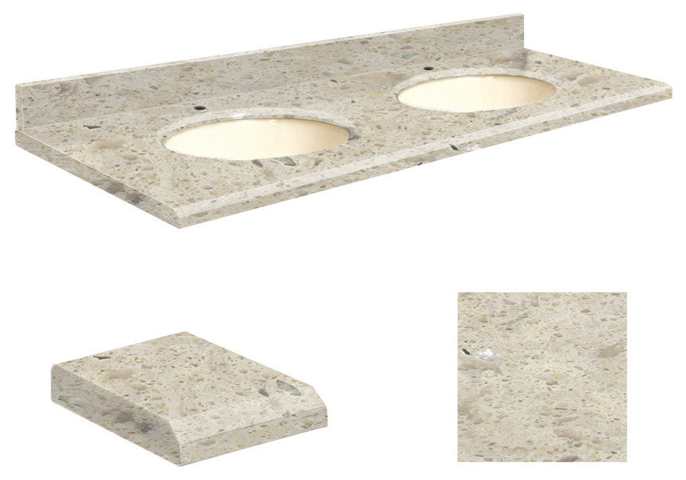 Quartz 61"x22" Double Sink Vanity Top, Single Faucet Hole, Carmel, Biscuit Bowl