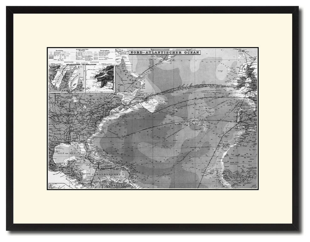 North Atlantic Telegraph Lines Stieler Vintage B&W Map Canvas Print, 16"x21"