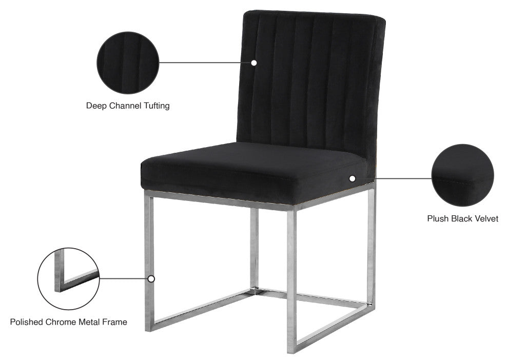 Giselle Velvet Dining Chairs, Set of 2, Black, Chrome Base