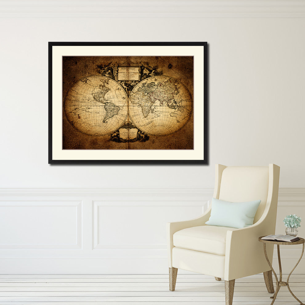 World Vintage Map Print On Canvas With Picture Frame 16" X 21"
