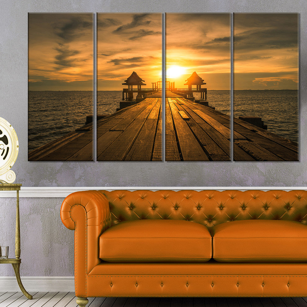 "Huge Wooden Bridge To Illuminated Sky" Sea Pier Wall Art, 4 Panels, 48"x28"