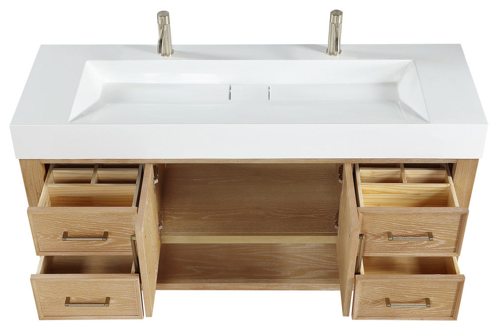 Vera Bath Vanity with Stone Top, Washed Ash Grey, 60", Single Vanity, No Mirror